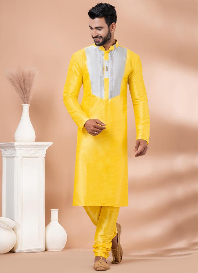 Banarasi Dhupion Silk Yellow Festival Wear Weaving Kurta Pajama